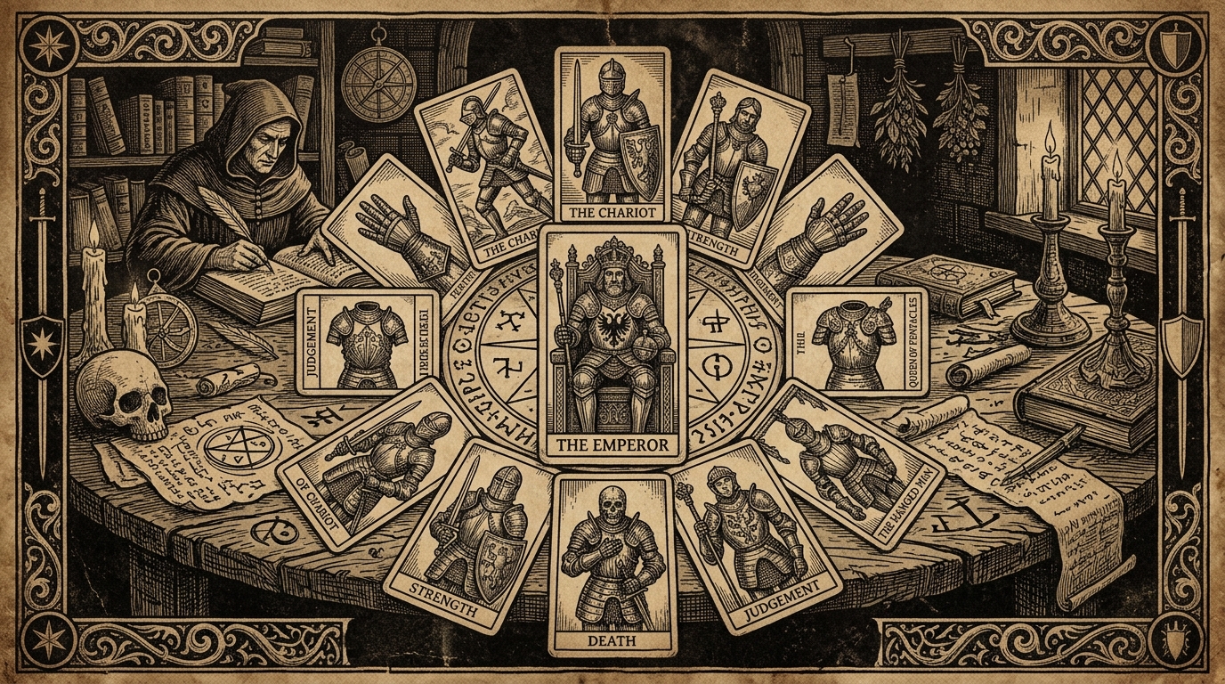 A medieval-style woodcut engraving showing a mysterious tarot layout focusing on the armor, gauntlets, and breastplates of various figures, with a dark scholarly aesthetic, 16:9 aspect ratio