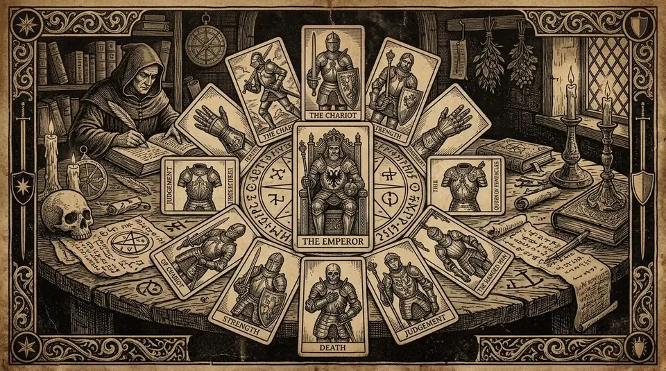 A medieval-style woodcut engraving showing a mysterious tarot layout focusing on the armor, gauntlets, and breastplates of various figures, with a dark scholarly aesthetic, 16:9 aspect ratio