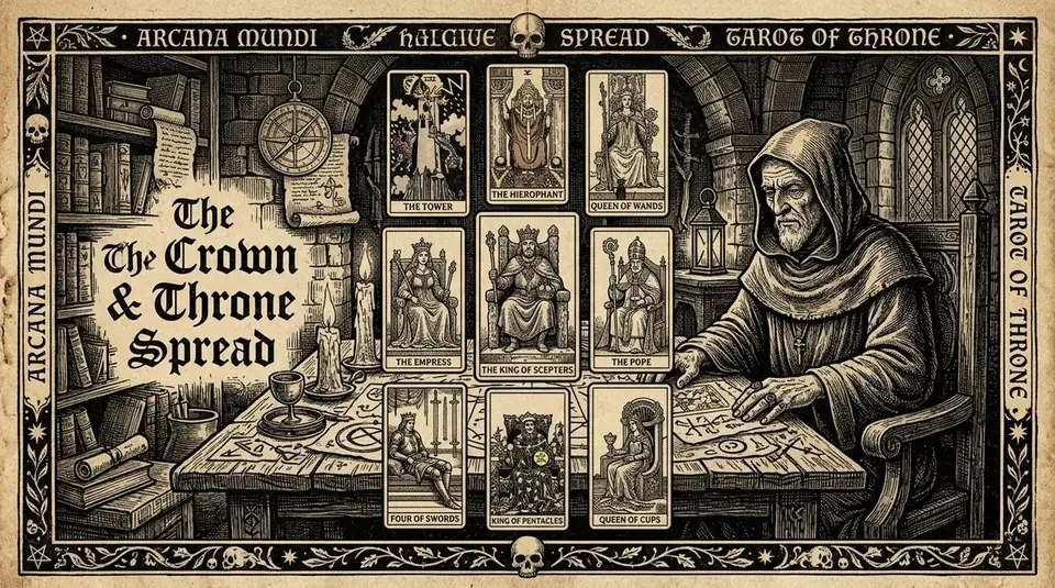 A mysterious tarot layout focusing on the crowns and thrones of various figures, with a dark scholarly aesthetic, 16:9 aspect ratio