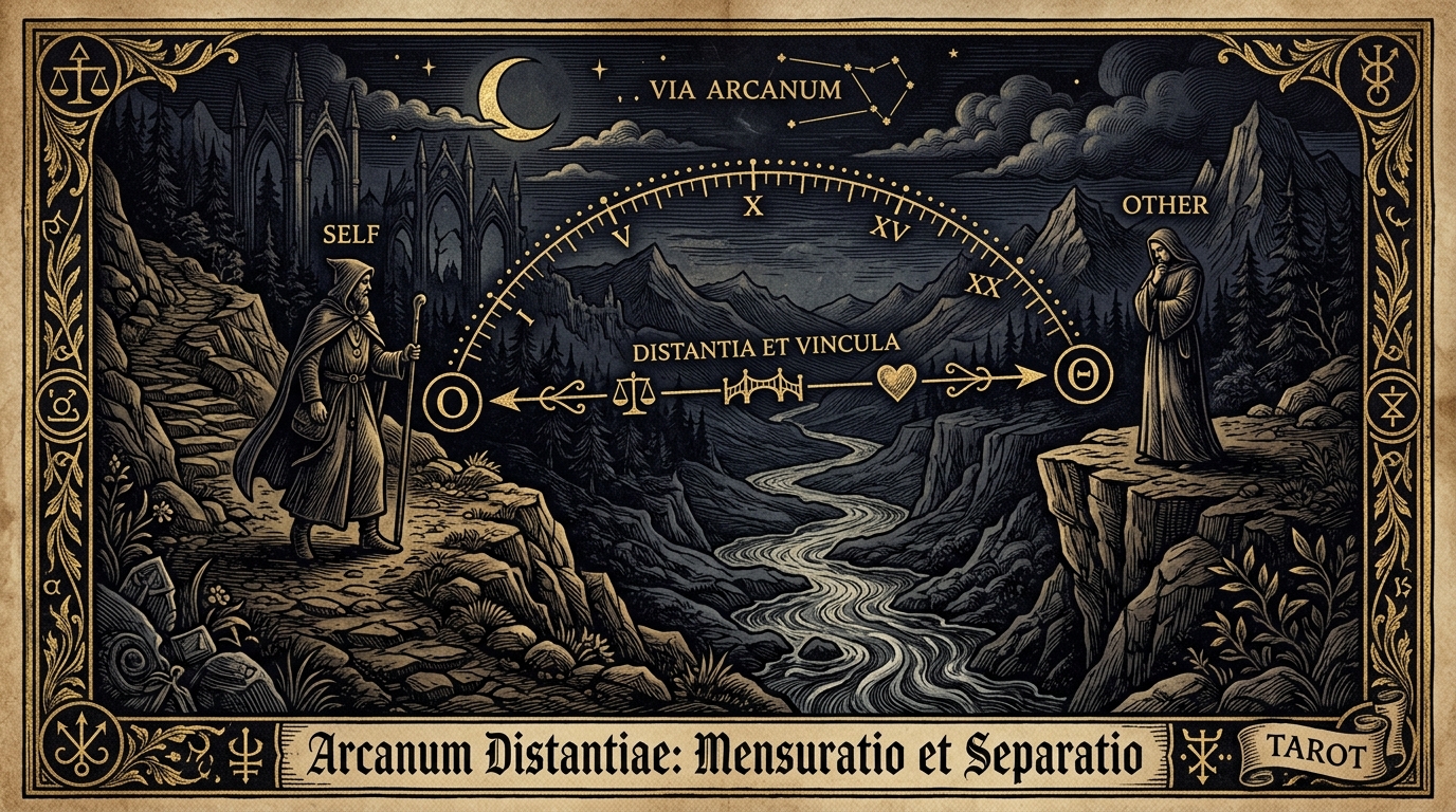 A scholarly visual diagram demonstrating the distance between figures in tarot cards, showcasing spatial intervals, close proximity, and vertical hierarchy
