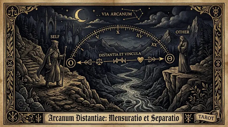 A scholarly visual diagram demonstrating the distance between figures in tarot cards, showcasing spatial intervals, close proximity, and vertical hierarchy