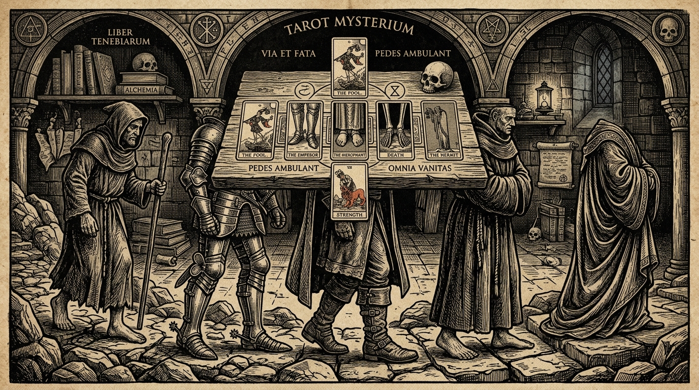A medieval-style woodcut engraving showing a mysterious tarot layout focusing on the feet and footwear of various figures, some in armored boots, some barefoot on rocky paths, and some with hidden feet beneath heavy robes, with a dark scholarly aesthetic, 16:9 aspect ratio