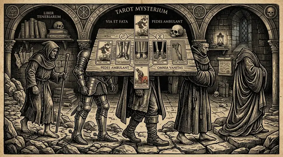 A medieval-style woodcut engraving showing a mysterious tarot layout focusing on the feet and footwear of various figures, some in armored boots, some barefoot on rocky paths, and some with hidden feet beneath heavy robes, with a dark scholarly aesthetic, 16:9 aspect ratio