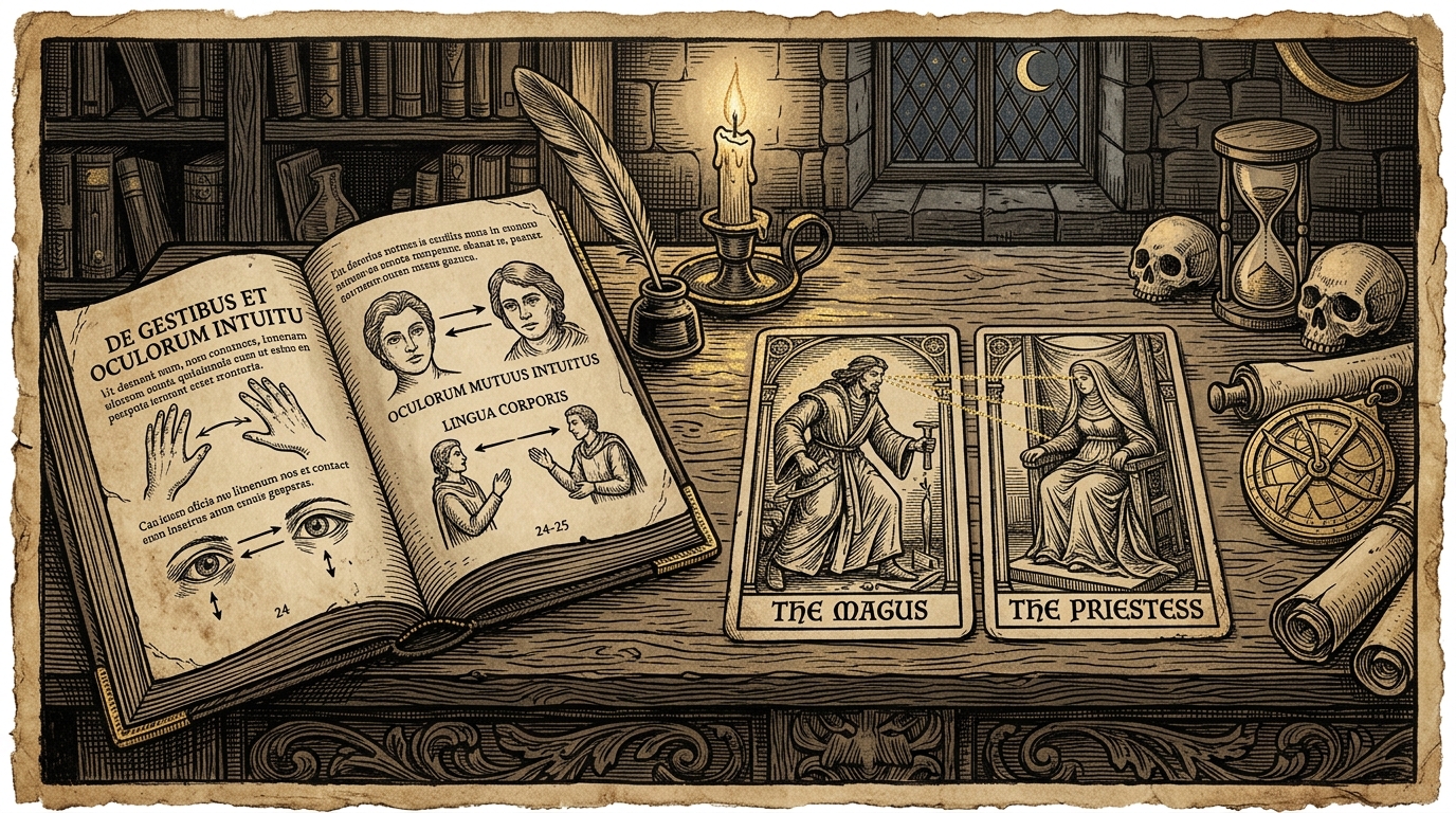 A medieval-style woodcut engraving showing a tarot reading layout with dotted sight lines between figures on cards and an open book describing sight grammar