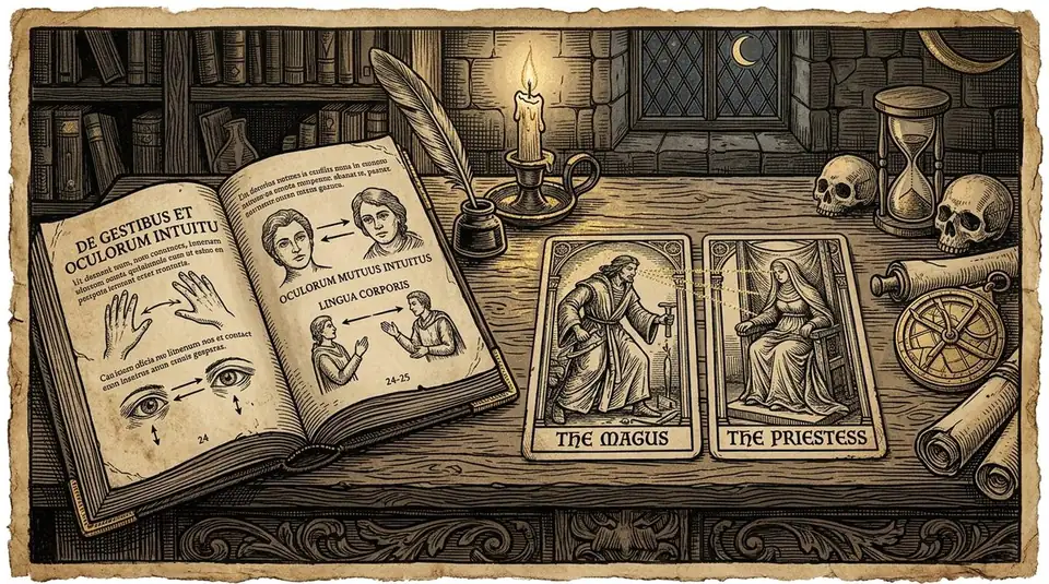 A medieval-style woodcut engraving showing a tarot reading layout with dotted sight lines between figures on cards and an open book describing sight grammar