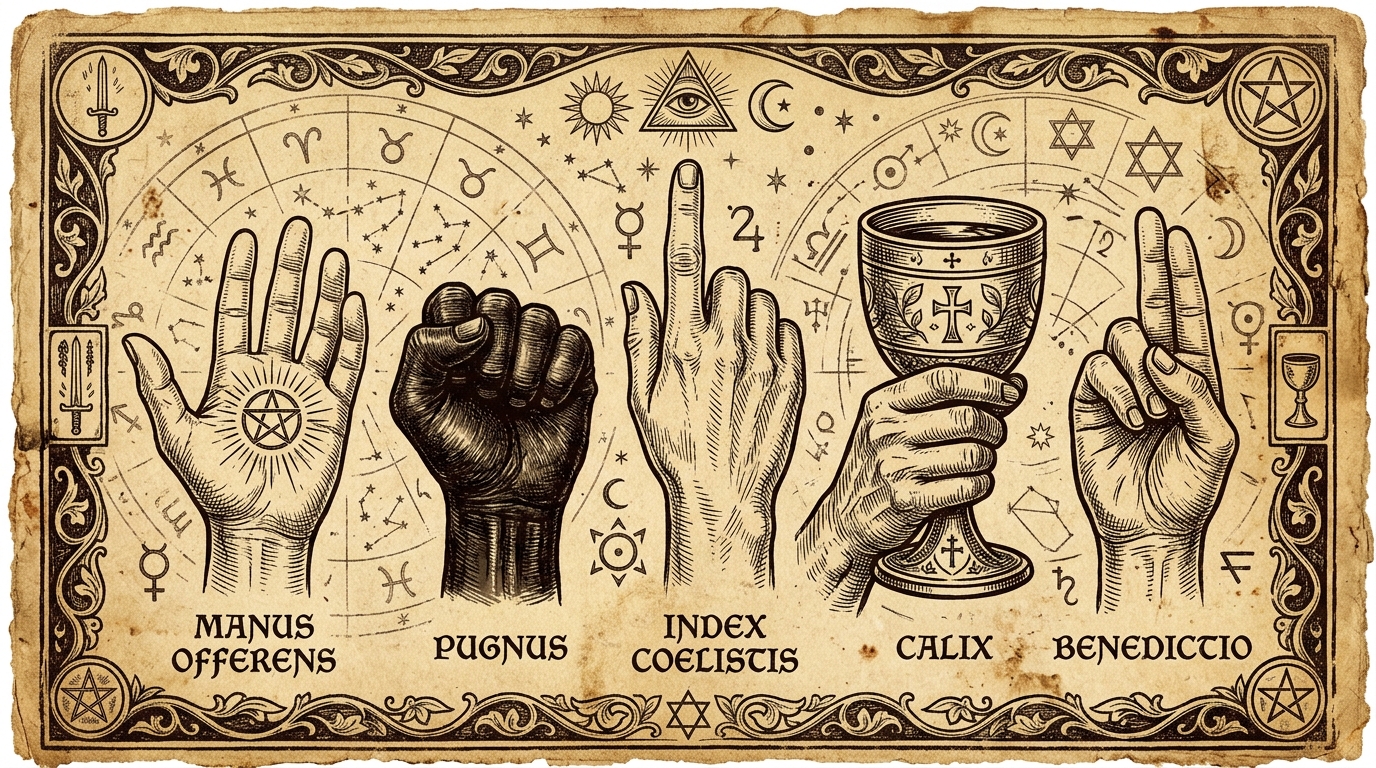 A detailed medieval-style woodcut engraving showing a series of five hands demonstrating different mystical gestures: an open offering hand (Manus Offerens), a clenched fist (Pugnus), a pointing index finger (Index Coelistis), a hand clutching a chalice (Calix), and a hand raised in a blessing (Benedictio).
