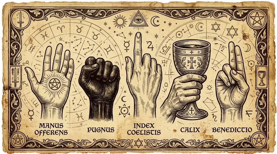 A detailed medieval-style woodcut engraving showing a series of five hands demonstrating different mystical gestures: an open offering hand (Manus Offerens), a clenched fist (Pugnus), a pointing index finger (Index Coelistis), a hand clutching a chalice (Calix), and a hand raised in a blessing (Benedictio).