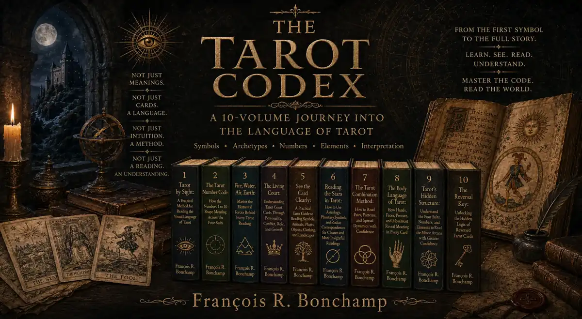 An illuminated archive-like Tarot Codex scene