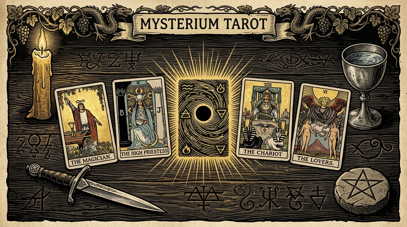 A medieval-style woodcut engraving showing a mysterious tarot layout with a missing suit void
