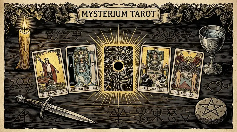 A medieval-style woodcut engraving showing a mysterious tarot layout with a missing suit void