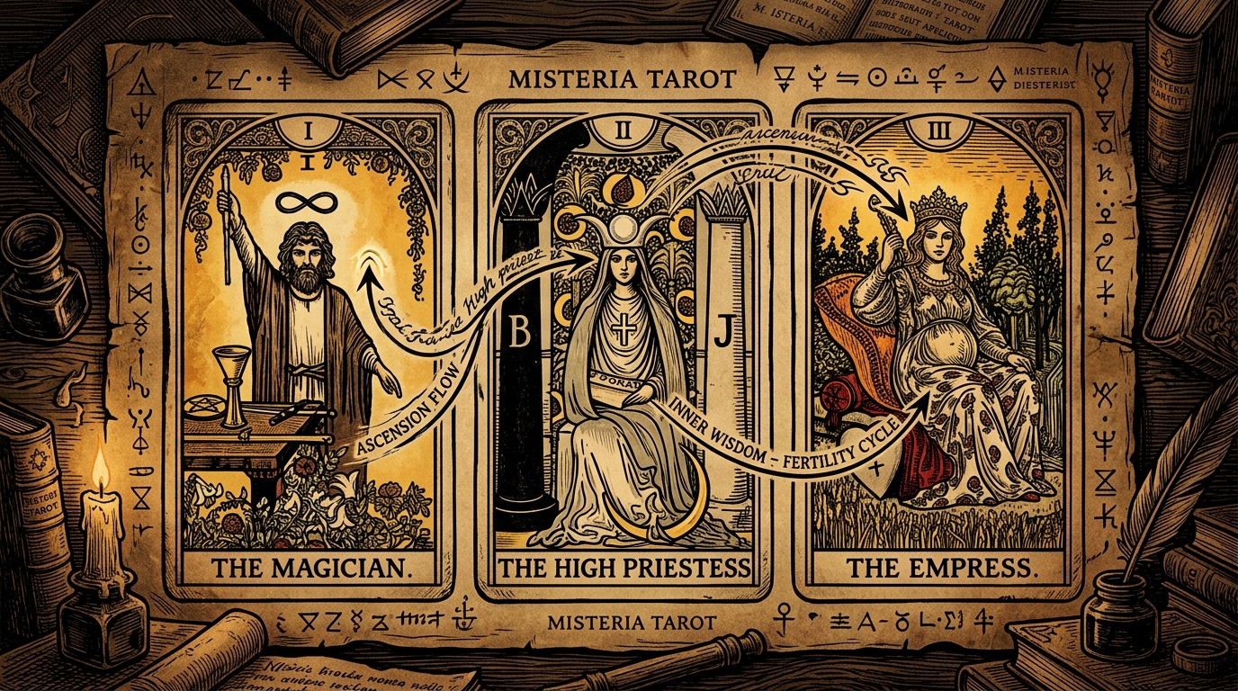A dark medieval woodcut engraving showing three tarot cards side-by-side, where figures and energy vectors flow across the borders, representing visual movement in a tarot spread