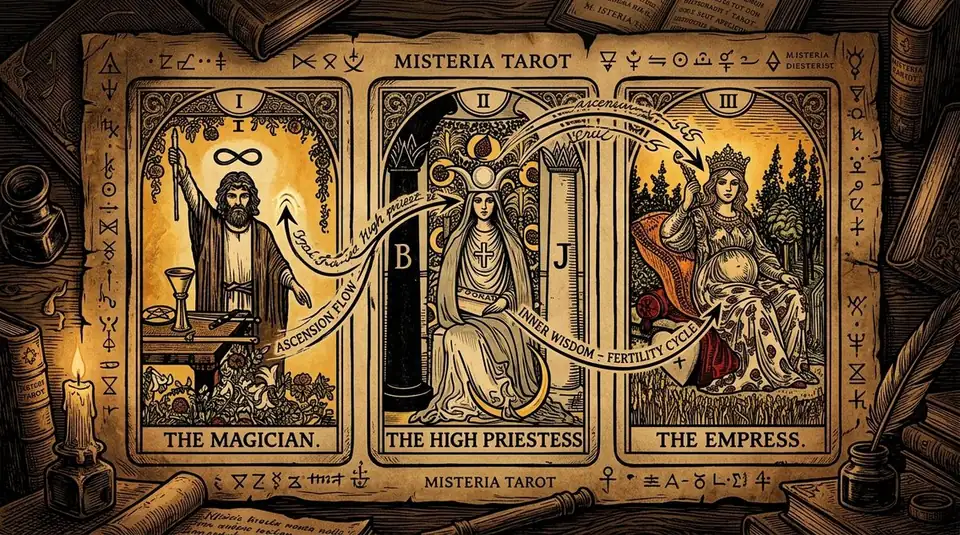 A dark medieval woodcut engraving showing three tarot cards side-by-side, where figures and energy vectors flow across the borders, representing visual movement in a tarot spread