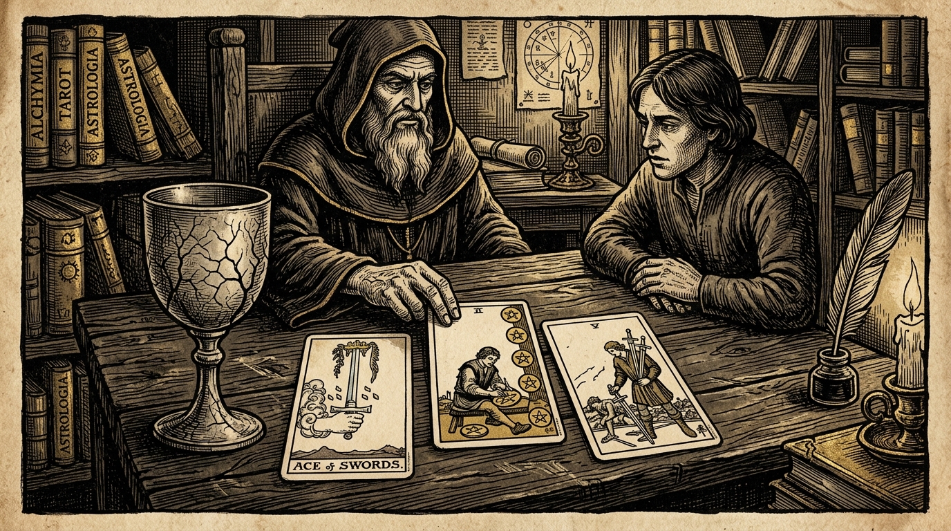 A medieval-style woodcut engraving showing a tarot reading with a cracked, dry chalice and cards from the Swords and Pentacles suits
