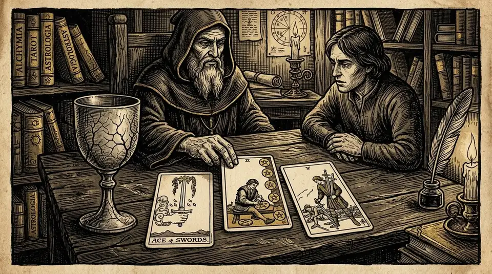 A medieval-style woodcut engraving showing a tarot reading with a cracked, dry chalice and cards from the Swords and Pentacles suits