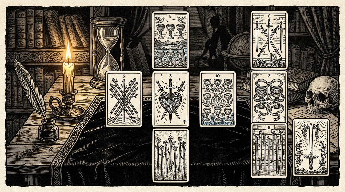 A medieval-style woodcut engraving showing a scholarly study with a tarot spread of only Minor Arcana cards on a dark velvet table, candlelit and surrounded by ancient books