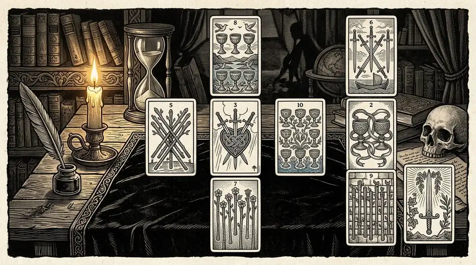 A medieval-style woodcut engraving showing a scholarly study with a tarot spread of only Minor Arcana cards on a dark velvet table, candlelit and surrounded by ancient books