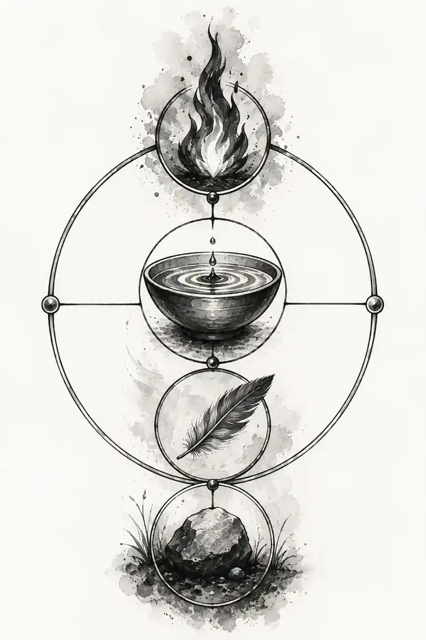 Monochrome instructional illustration connected to Fire, Water, Air, Earth