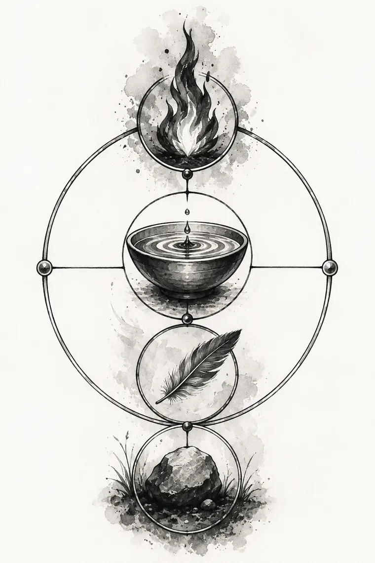 Monochrome instructional illustration connected to Fire, Water, Air, Earth