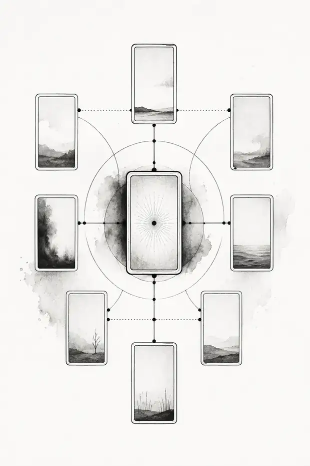 Monochrome instructional illustration connected to Tarot's Hidden Structure