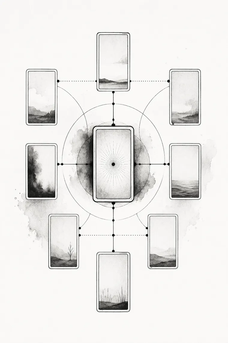 Monochrome instructional illustration connected to Tarot's Hidden Structure