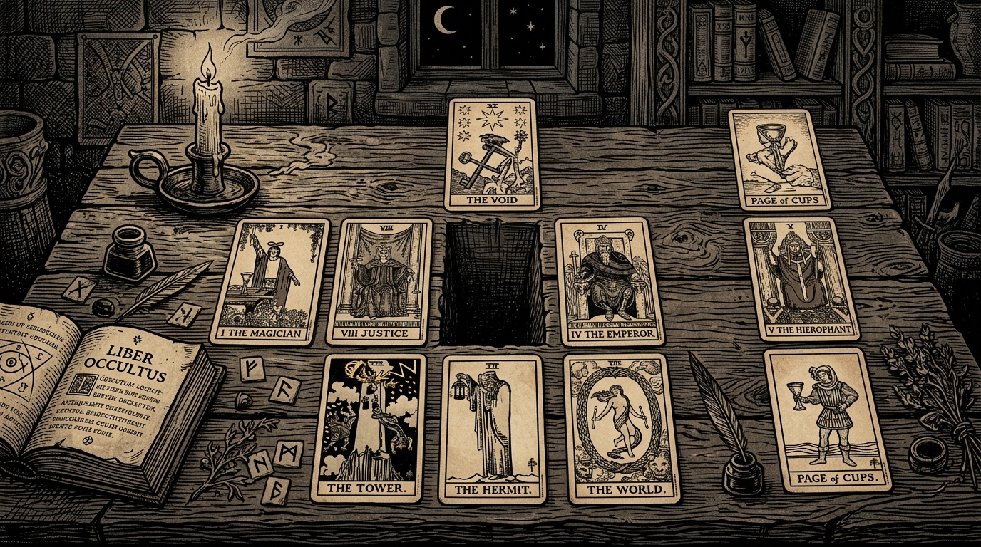 A medieval-style woodcut engraving showing a structured tarot spread on a weathered wooden table, where a central card is conspicuously missing, leaving only a dark, shadowed void