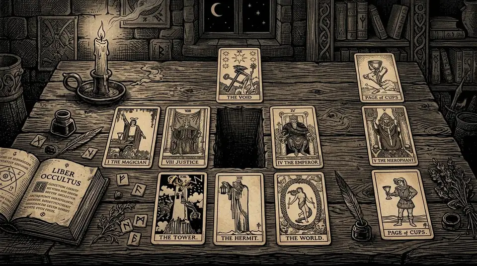 A medieval-style woodcut engraving showing a structured tarot spread on a weathered wooden table, where a central card is conspicuously missing, leaving only a dark, shadowed void