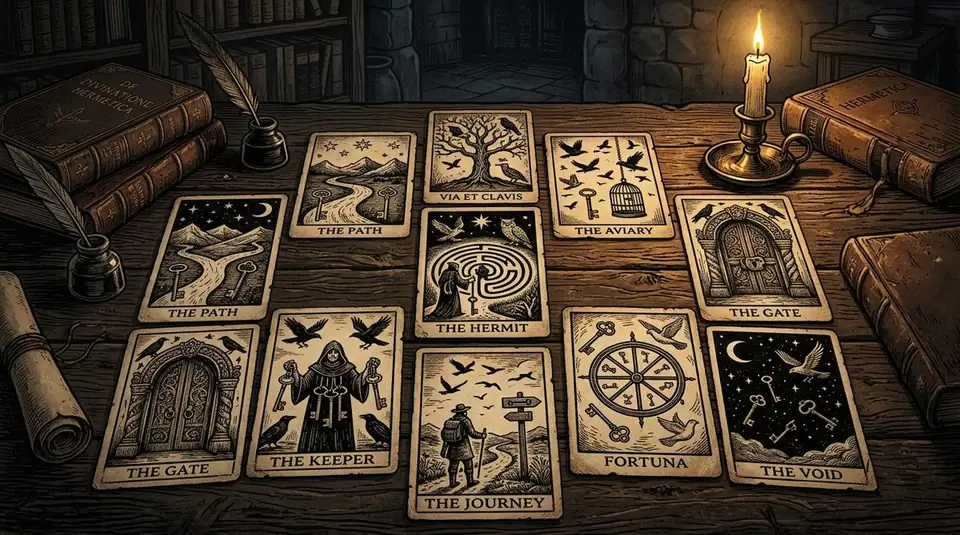 A medieval-style woodcut engraving showing a mysterious tarot layout with repeating symbols like keys, paths, and birds across several cards on a dark scholarly academic desk, 16:9 aspect ratio