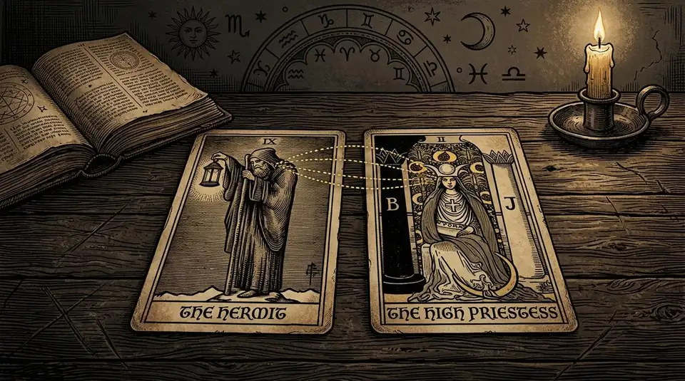 A medieval woodcut engraving showing two tarot cards side-by-side, where the figures are looking at each other, connected by dotted sightlines