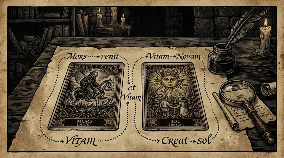 A dark medieval woodcut style engraving showing two tarot cards side-by-side with calligraphic sightlines and sentence structures connecting them