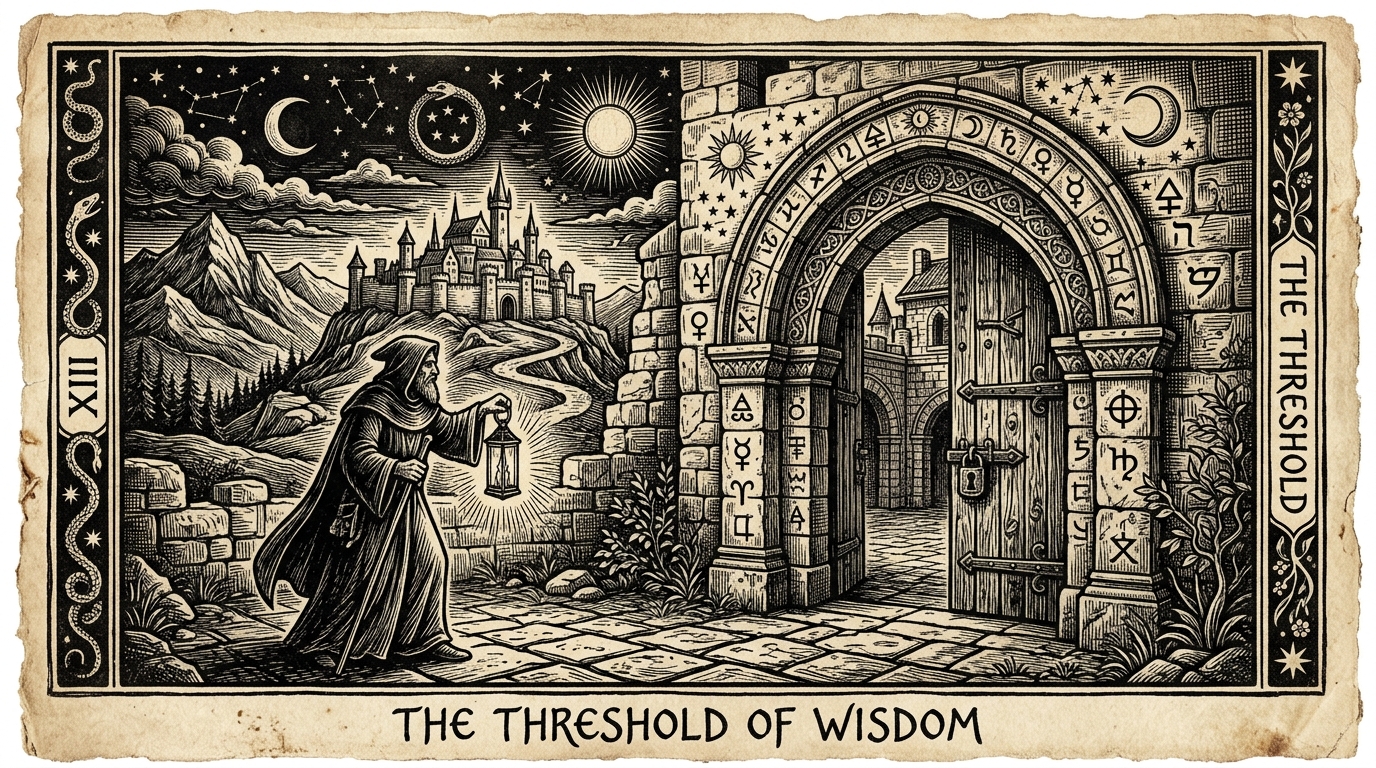 A medieval-style woodcut engraving of a mysterious tarot card scene focusing on stone walls, an ornate stone gate/archway, and a closed heavy wooden door, with celestial and alchemical symbols etched into the stone. A hooded scholar in flowing robes stands at the threshold with a lantern, looking towards a distant temple on a hill. Dark scholarly aesthetic, 16:9 aspect ratio