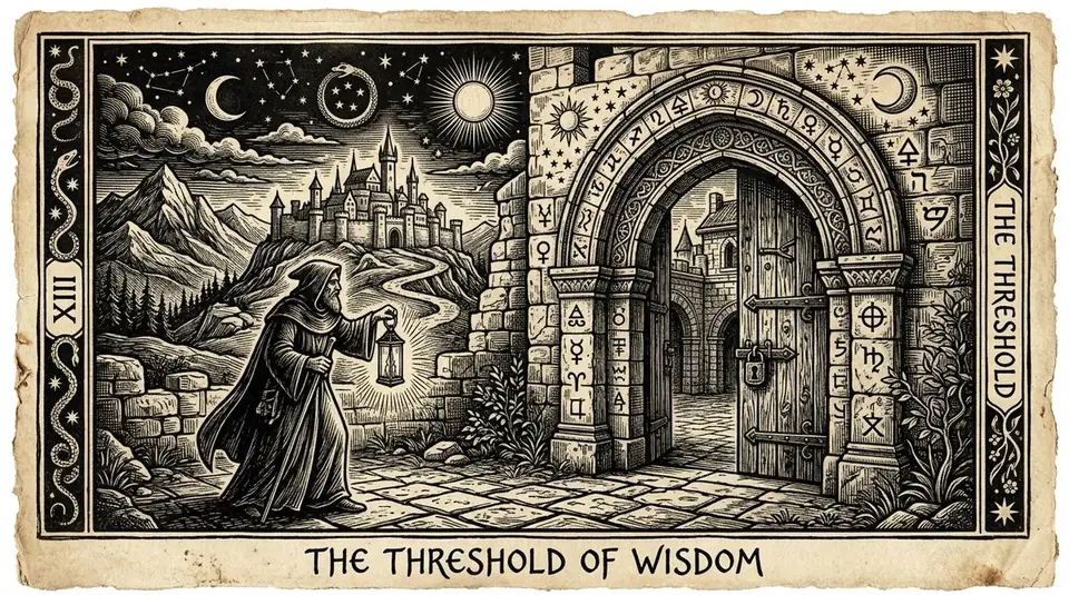A medieval-style woodcut engraving of a mysterious tarot card scene focusing on stone walls, an ornate stone gate/archway, and a closed heavy wooden door, with celestial and alchemical symbols etched into the stone. A hooded scholar in flowing robes stands at the threshold with a lantern, looking towards a distant temple on a hill. Dark scholarly aesthetic, 16:9 aspect ratio
